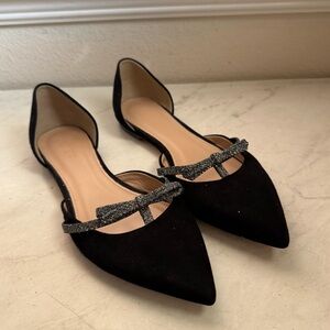 J. Crew Black Pointed D'Orsay Flats with Sparkle Bow Strap